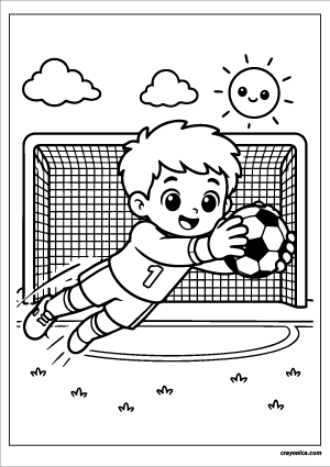Cute boy goalkeeper coloring page with a smiling young soccer goalie diving to save a ball