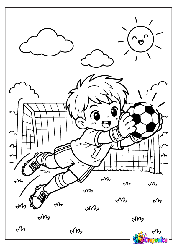 Cute boy goalkeeper catching a soccer ball coloring page for kids