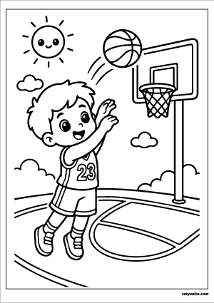 Cute Kid Shooting Basketball Coloring Page with a smiling young basketball player shooting a basketball toward the hoop