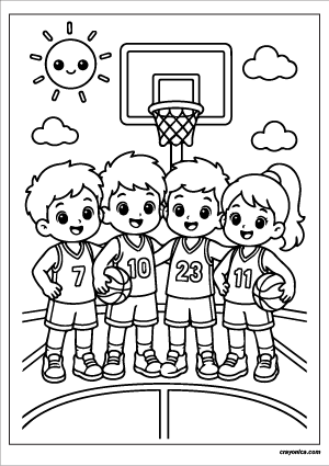 Cute Basketball Team Coloring Page with smiling young basketball players posing together on a basketball court