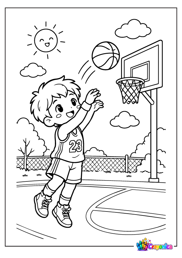 Cute kid shooting a basketball toward the hoop coloring page for kids