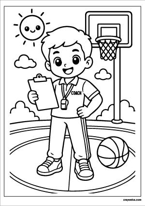 Cute Basketball Coach Coloring Page with a smiling basketball coach holding a clipboard on a basketball court