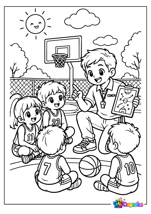 Cute basketball coach holding a clipboard on the court coloring page for kids