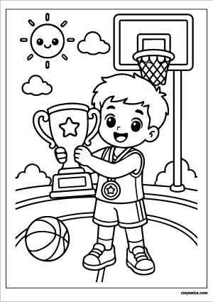 Cute Basketball Trophy Coloring Page with a smiling basketball trophy and happy young basketball champion