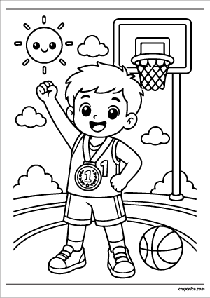 Cute Basketball Champion Coloring Page with a smiling young basketball champion wearing a medal
