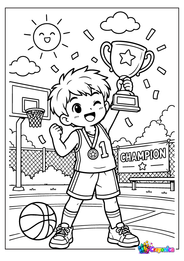 Cute kid holding a basketball trophy on the court coloring page