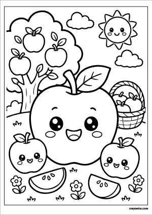 Cute Apple Coloring Page with a smiling apple character and cheerful fruit-themed design