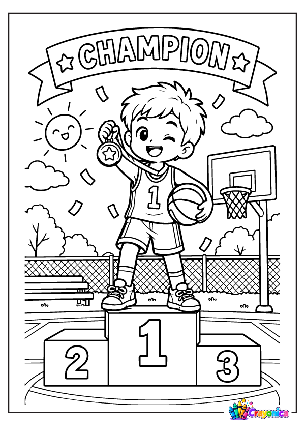 Cute basketball champion celebrating with a medal coloring page for kids