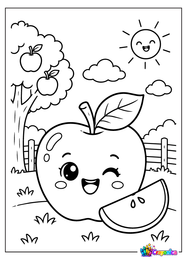 Cute apple with leaves and fruit garden coloring page for kids