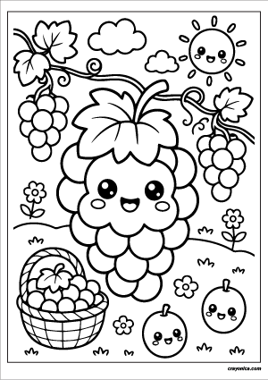 Cute Grape Coloring Page with a smiling grape character and cheerful fruit-themed scene