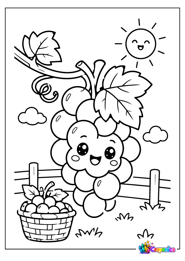 Cute grape bunch with leaves and fruit coloring page for kids