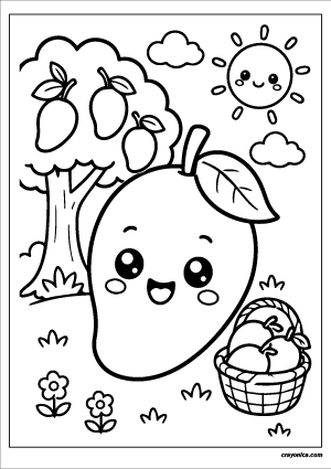 Cute Mango Coloring Page with a smiling mango character and tropical fruit-themed scene