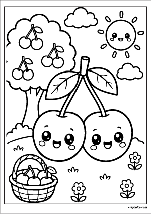 Cute Cherry Coloring Page with smiling cherry characters and a cheerful fruit-themed scene