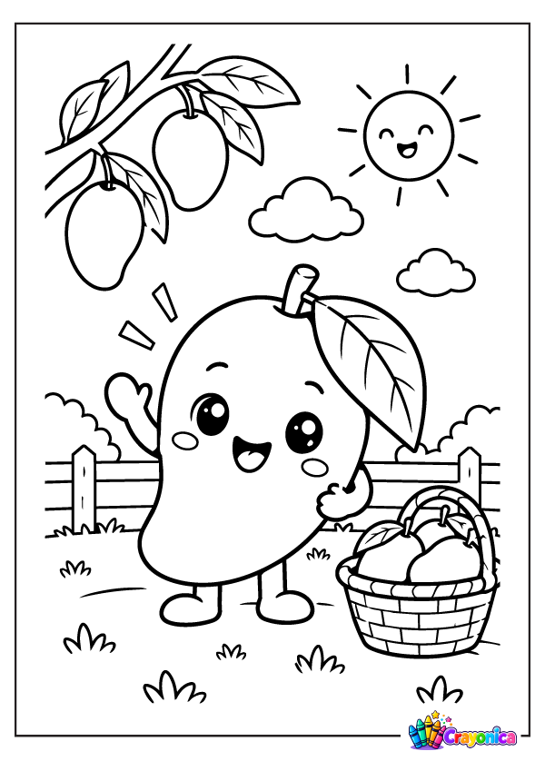 Cute mango with leaf and fruit basket coloring page for kids