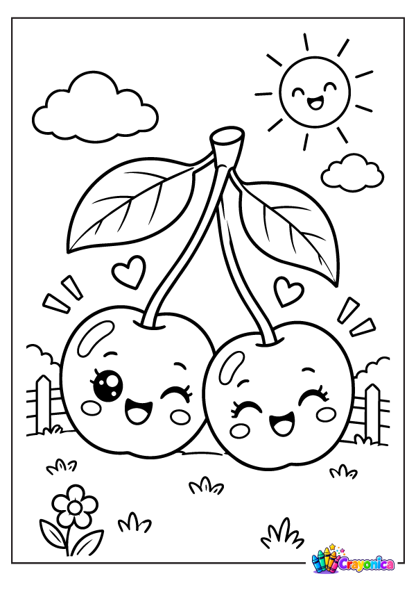Cute cherries with leaves and a fruit tree coloring page for kids