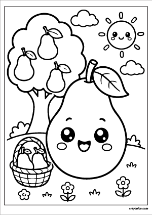 Cute Pear Coloring Page with a smiling pear character and cheerful fruit-themed scene