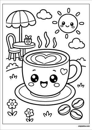 Cute Coffee Coloring Page with a smiling coffee cup character and cheerful drink-themed scene