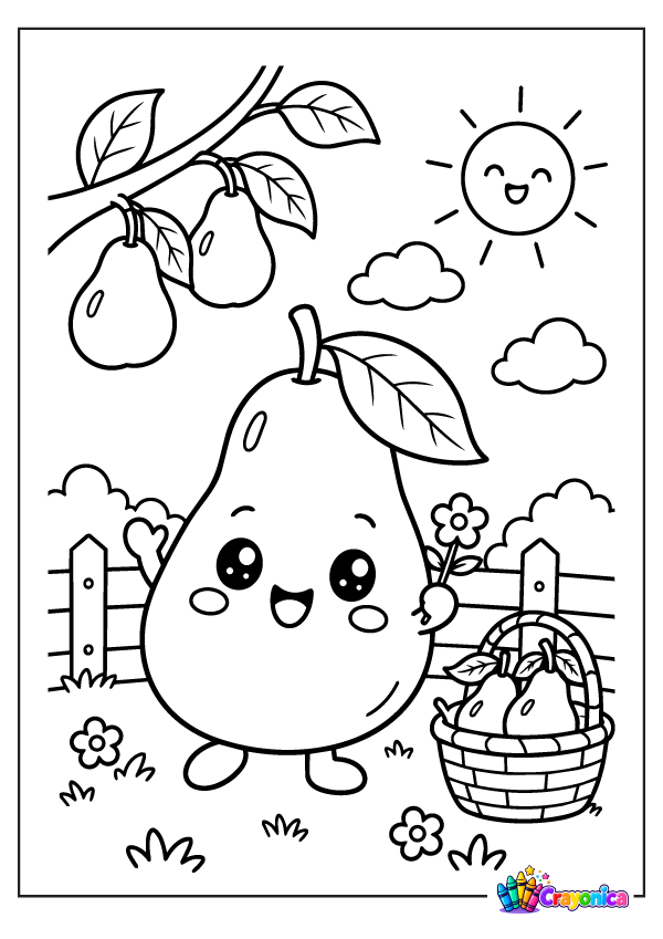 Cute pear with a happy face in a fruit orchard coloring page for kids