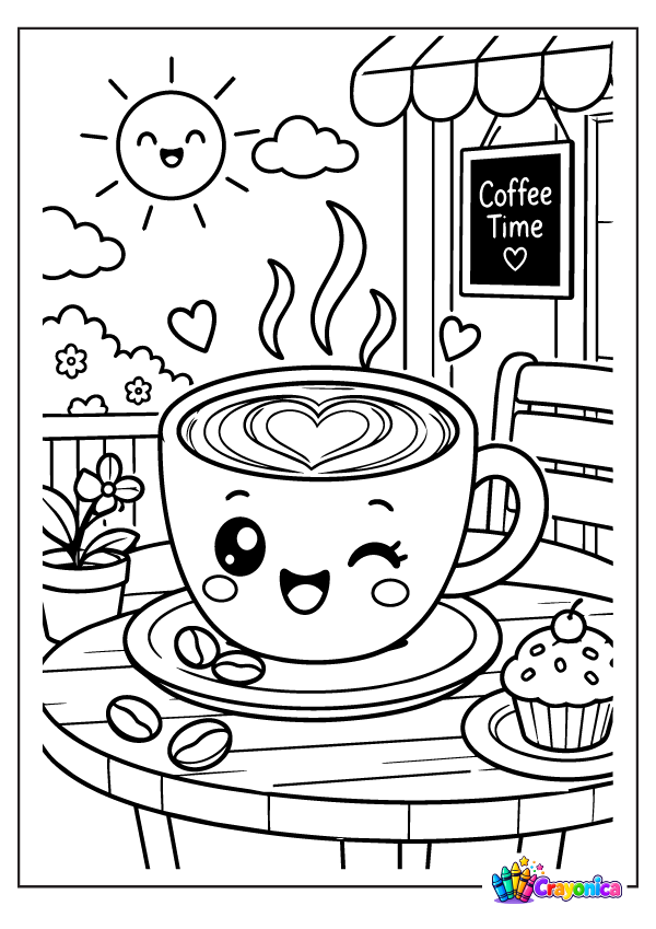 Cute smiling coffee cup with latte art coloring page for kids