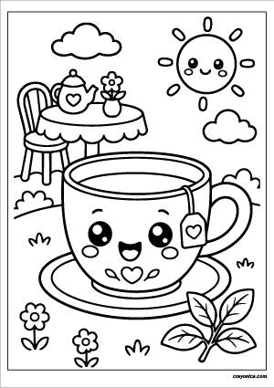 Cute Tea Cup Coloring Page with a smiling tea cup character and cheerful drink-themed scene