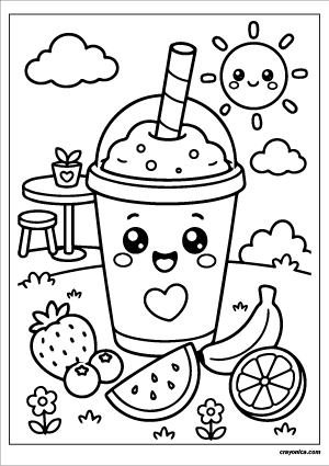 Cute Smoothie Coloring Page with a smiling smoothie cup character and cheerful drink-themed scene