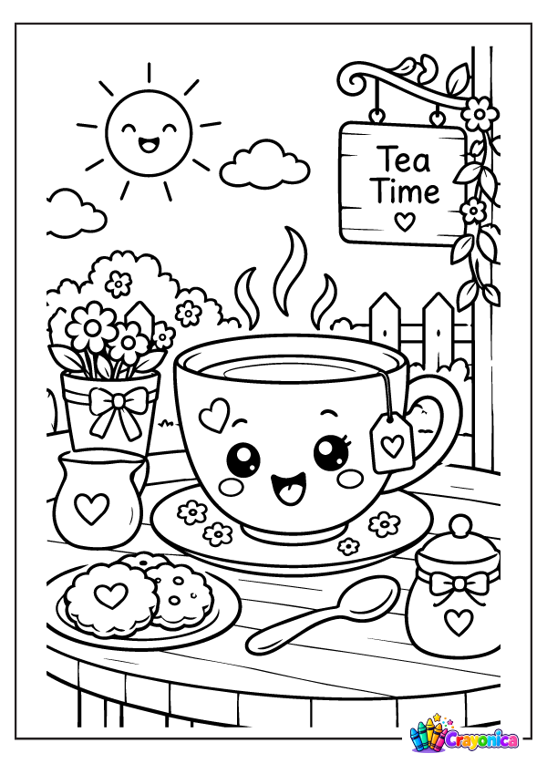 Cute smiling tea cup with flowers and garden setting coloring page for kids