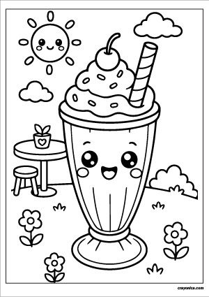 Cute Milkshake Coloring Page with a smiling milkshake character and cheerful drink-themed scene