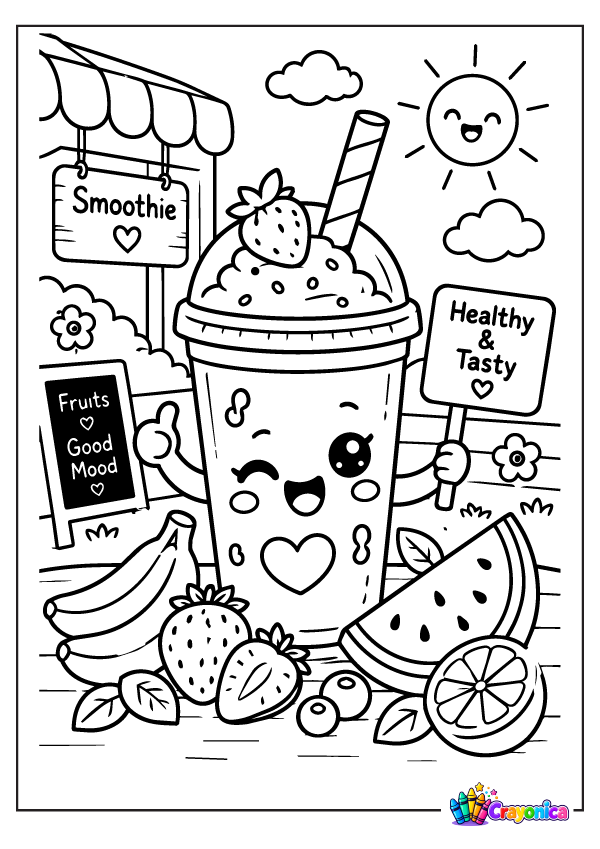 Cute fruit smoothie with straw and fresh fruit coloring page for kids