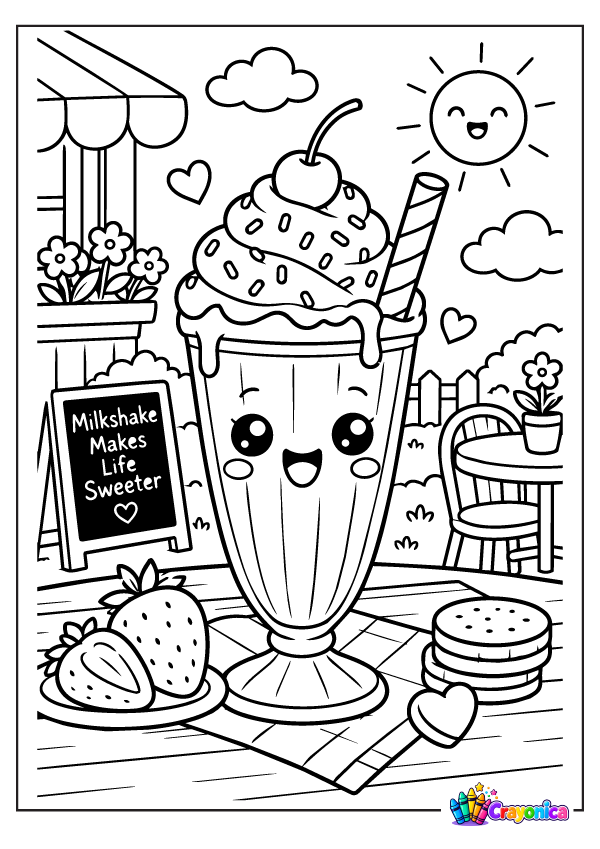 Cute milkshake with whipped cream and cherry coloring page for kids