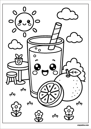 Cute Orange Juice Coloring Page with a smiling orange juice character and cheerful drink-themed scene