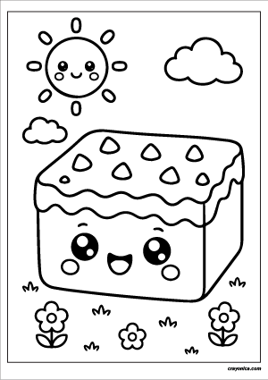 Cute Brownie Coloring Page with a smiling brownie character and cheerful dessert-themed scene