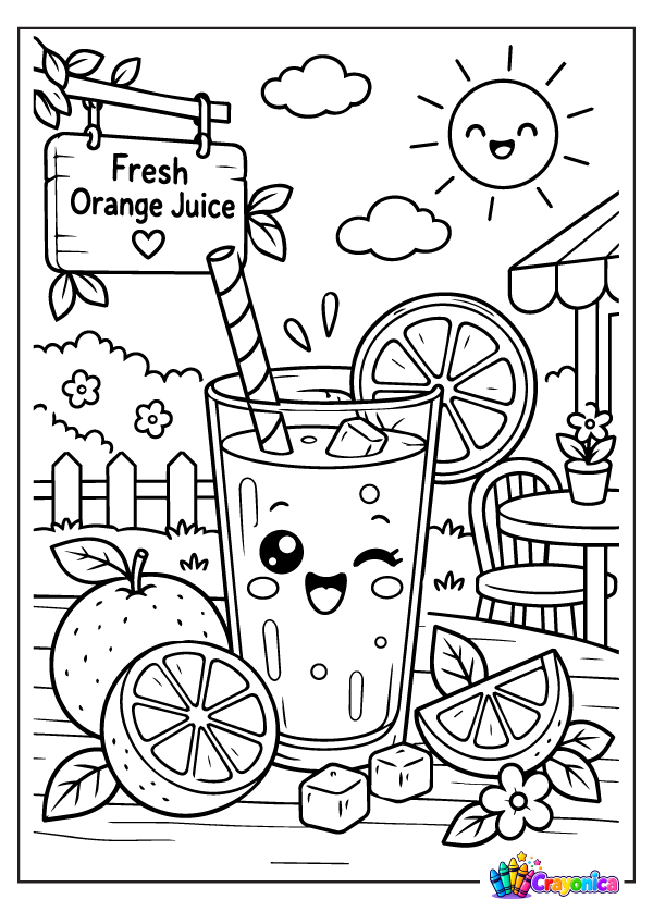 Cute orange juice with fresh orange slices coloring page for kids