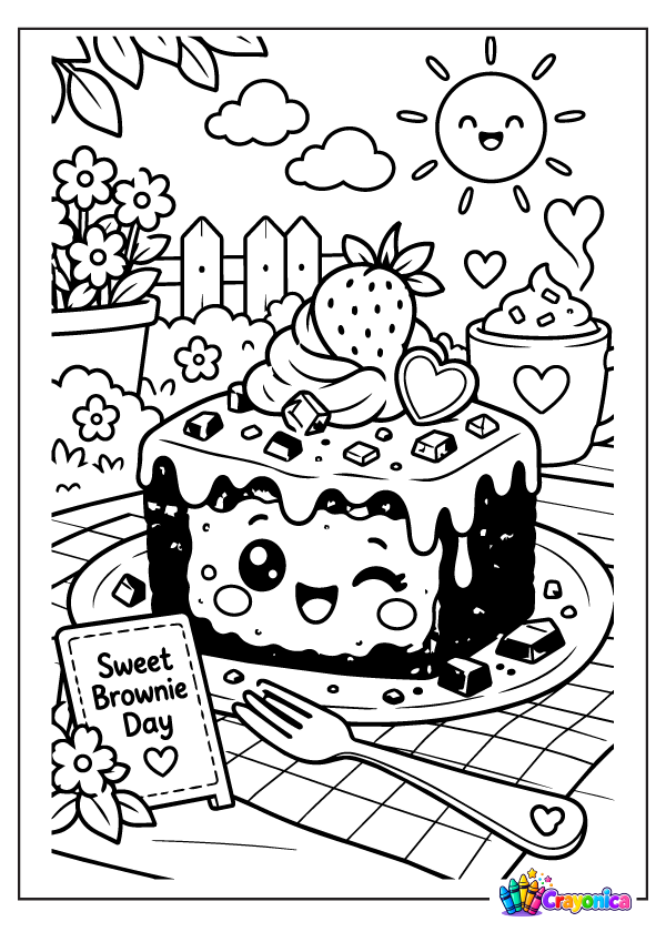 Cute smiling brownie with sweet topping coloring page for kids