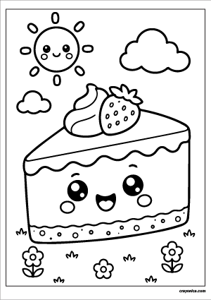 Cute Cheesecake Coloring Page with a smiling cheesecake character and cheerful dessert-themed scene