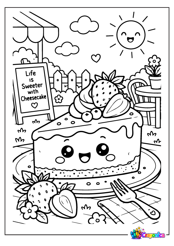 Cute cheesecake slice topped with strawberries coloring page for kids