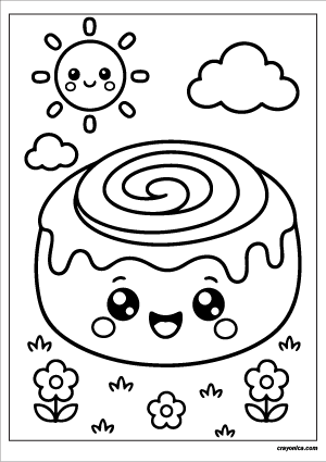 Cute Cinnamon Roll Coloring Page with a smiling cinnamon roll character and cheerful dessert-themed scene