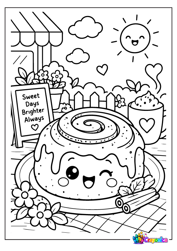 Cute smiling cinnamon roll with a swirl coloring page for kids
