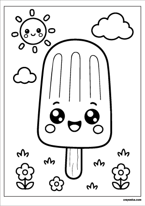 Cute Popsicle Coloring Page with a smiling popsicle character and cheerful dessert-themed scene