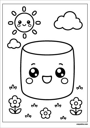 Cute Marshmallow Coloring Page with a smiling marshmallow character and cheerful dessert-themed scene