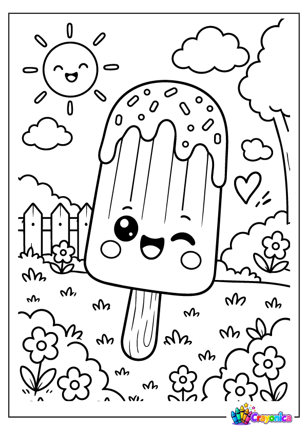 Cute smiling popsicle with a wooden stick coloring page for kids