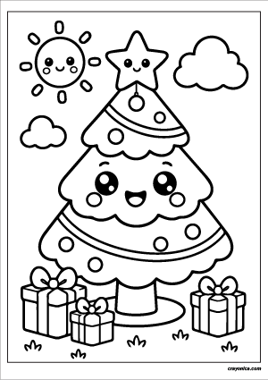 Cute Christmas Tree Coloring Page with a smiling Christmas tree character and festive holiday scene