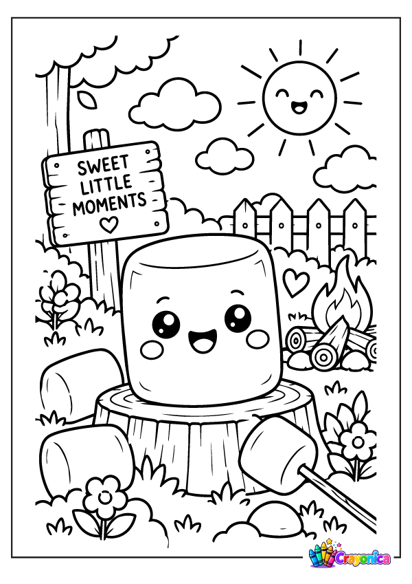 Cute smiling marshmallow in a simple garden coloring page for kids