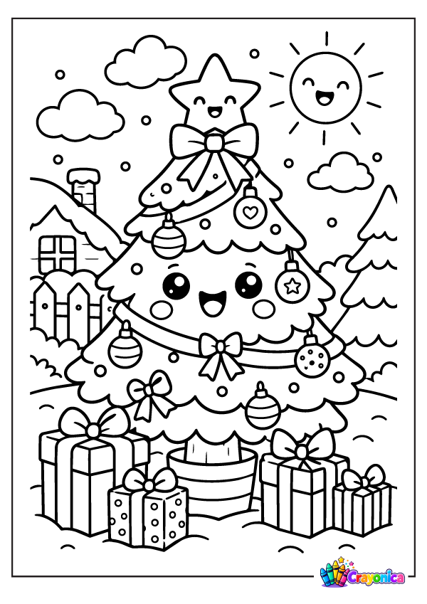 Cute smiling Christmas tree with presents and star topper coloring page for kids
