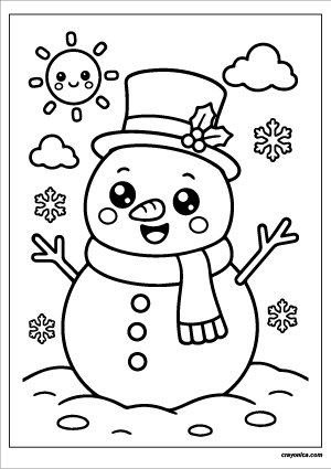 Cute Snowman Coloring Page featuring an adorable smiling snowman character with festive holiday details, large coloring spaces, and creative fun for kids.
