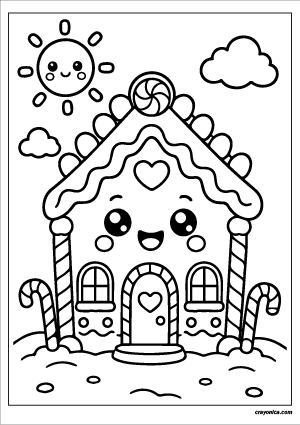 Cute Gingerbread House Coloring Page with a smiling gingerbread house and festive holiday scene