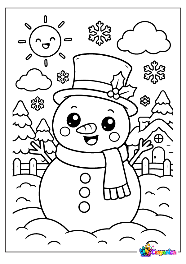 Cute smiling snowman with top hat and scarf coloring page for kids