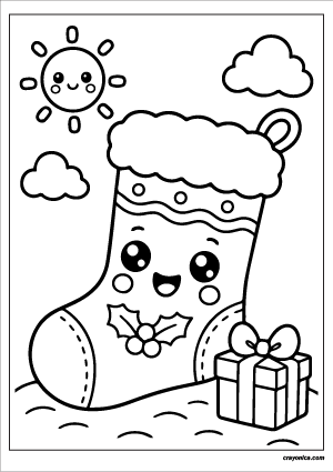 Cute Christmas Stocking Coloring Page with a smiling stocking character and festive holiday scene