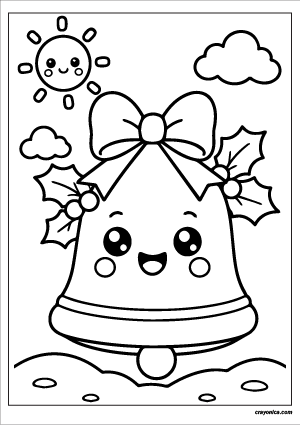 Cute Christmas Bell Coloring Page with a smiling bell character and festive holiday scene