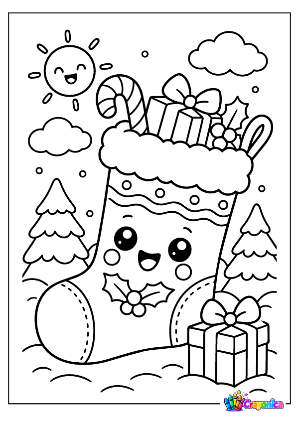 Cute smiling Christmas stocking with gift and holly coloring page for kids