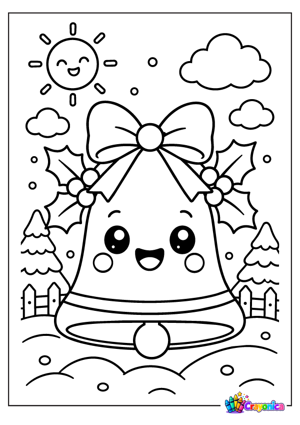 Cute smiling Christmas bell with bow and holly coloring page for kids